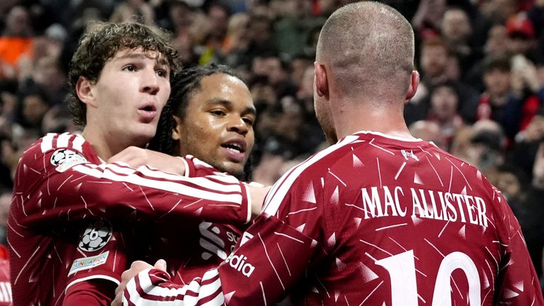 Rio Ngumoha and Alexis Mac Allister celebrate with Lewis Koumas as Liverpool beat Villarreal in the Champions League